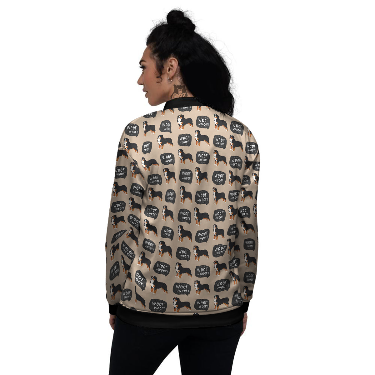 Bernese Brown Woof Woof Print Pattern Women's Bomber Jacket-grizzshop