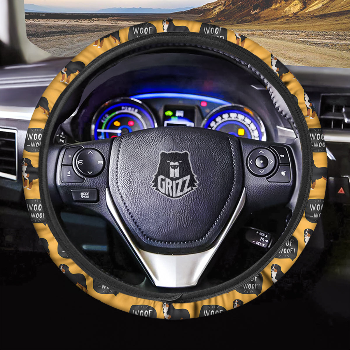 Bernese Yellow Woof Woof Print Pattern Car Steering Wheel Cover-grizzshop