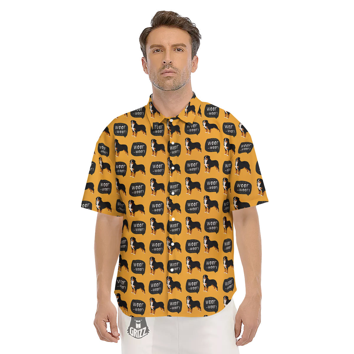 Bernese Yellow Woof Woof Print Pattern Men's Short Sleeve Shirts-grizzshop