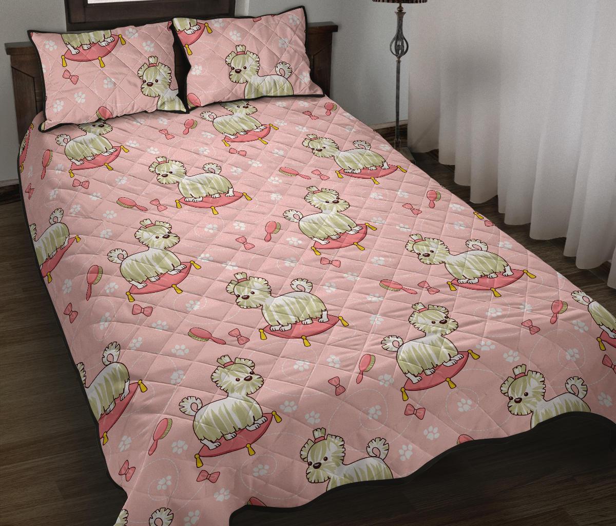 Bichon Frise Dog Pattern Print Bed Set Quilt-grizzshop