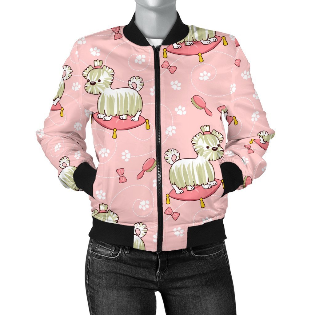 Bichon Frise Dog Pattern Print Women Casual Bomber Jacket-grizzshop