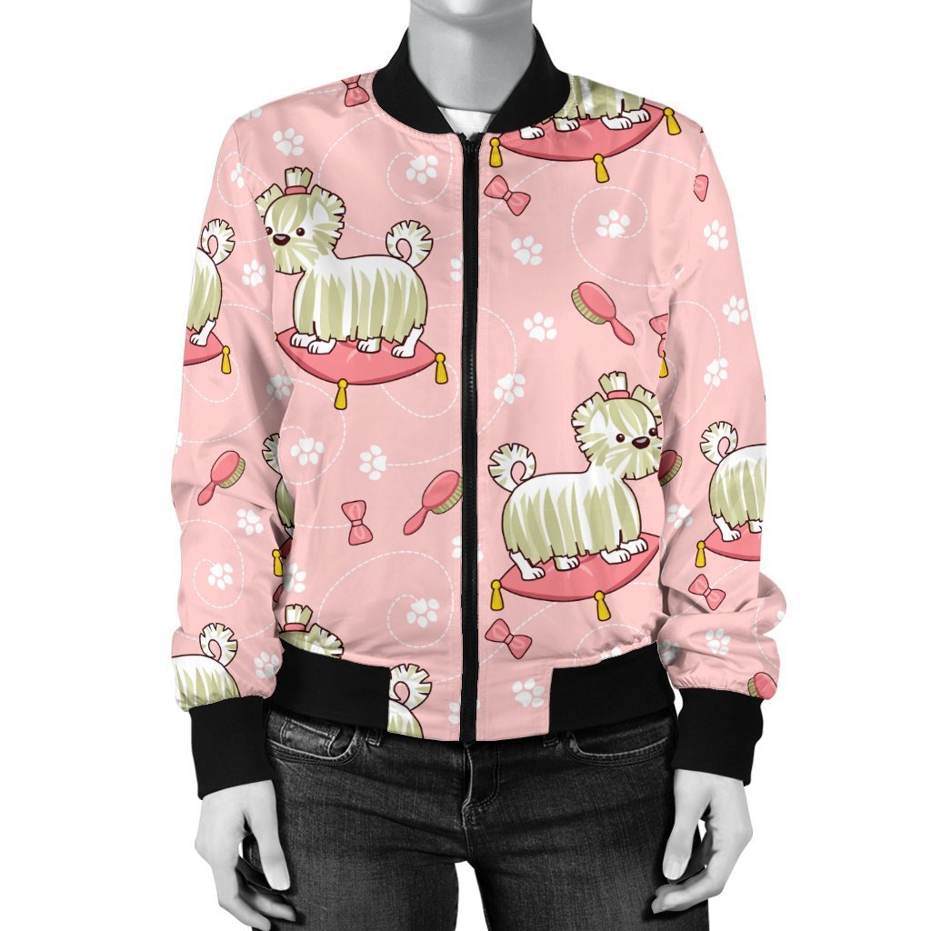 Bichon Frise Dog Pattern Print Women Casual Bomber Jacket-grizzshop