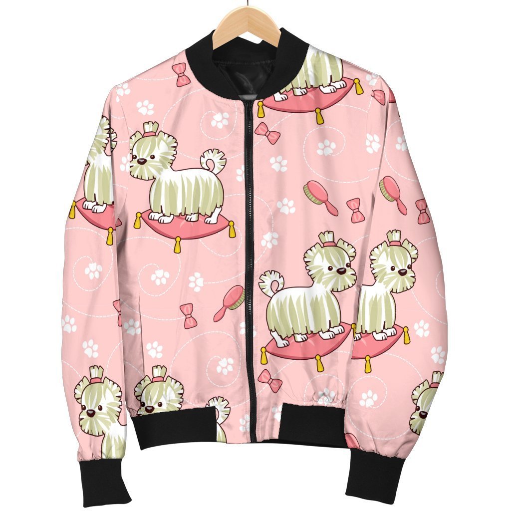 Bichon Frise Dog Pattern Print Women Casual Bomber Jacket-grizzshop