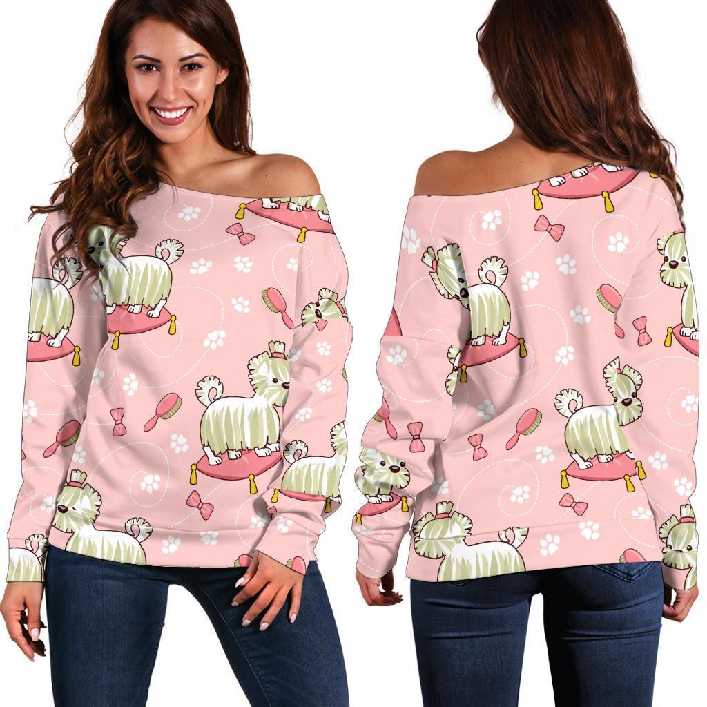 Bichon Frise Dog Pattern Print Women Off Shoulder Sweatshirt-grizzshop