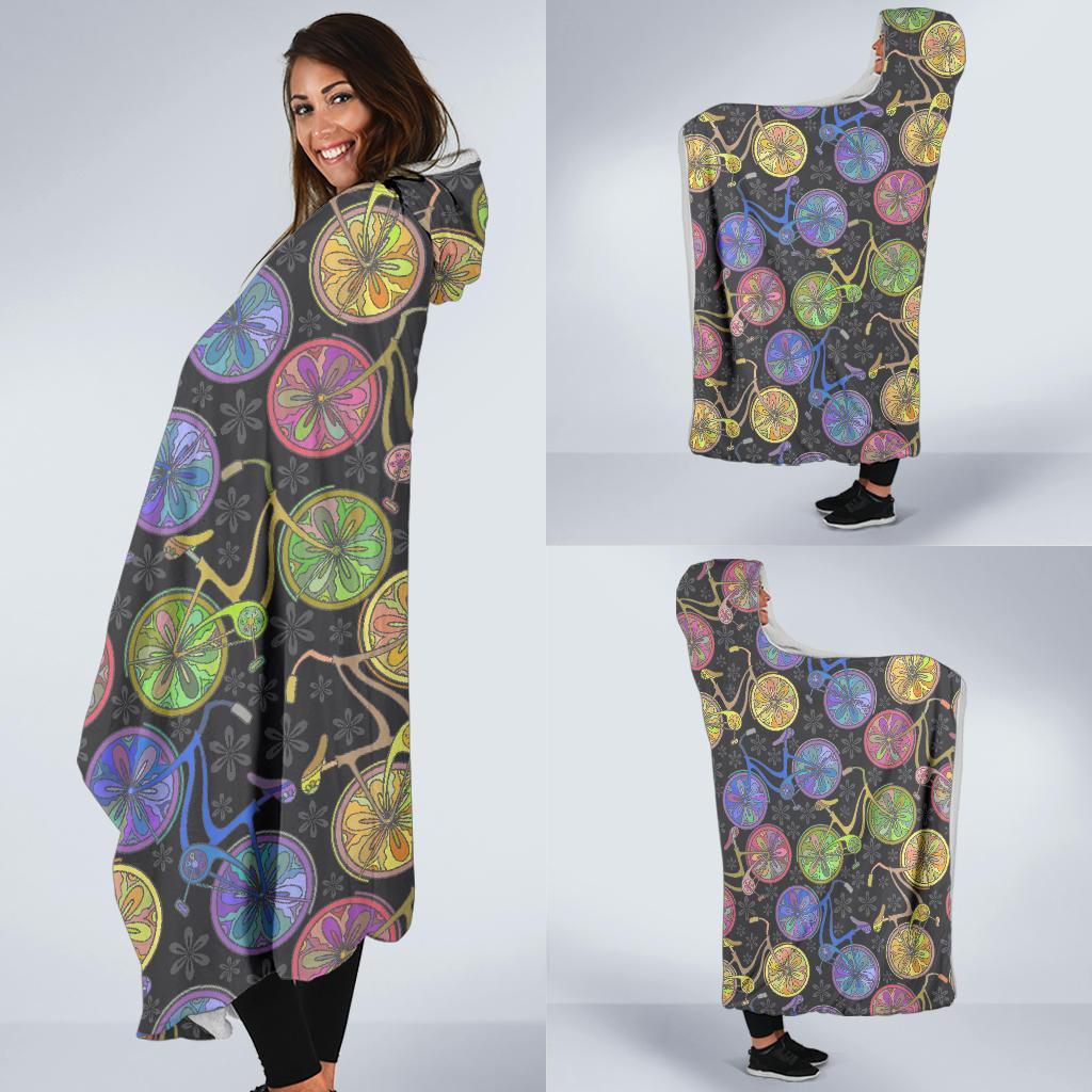 Bicycle Floral Pattern Print Hooded Blanket-grizzshop