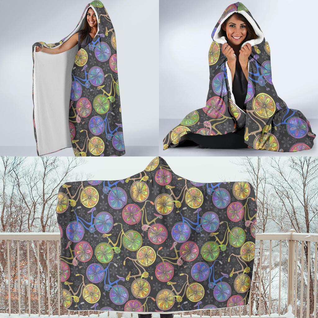 Bicycle Floral Pattern Print Hooded Blanket-grizzshop