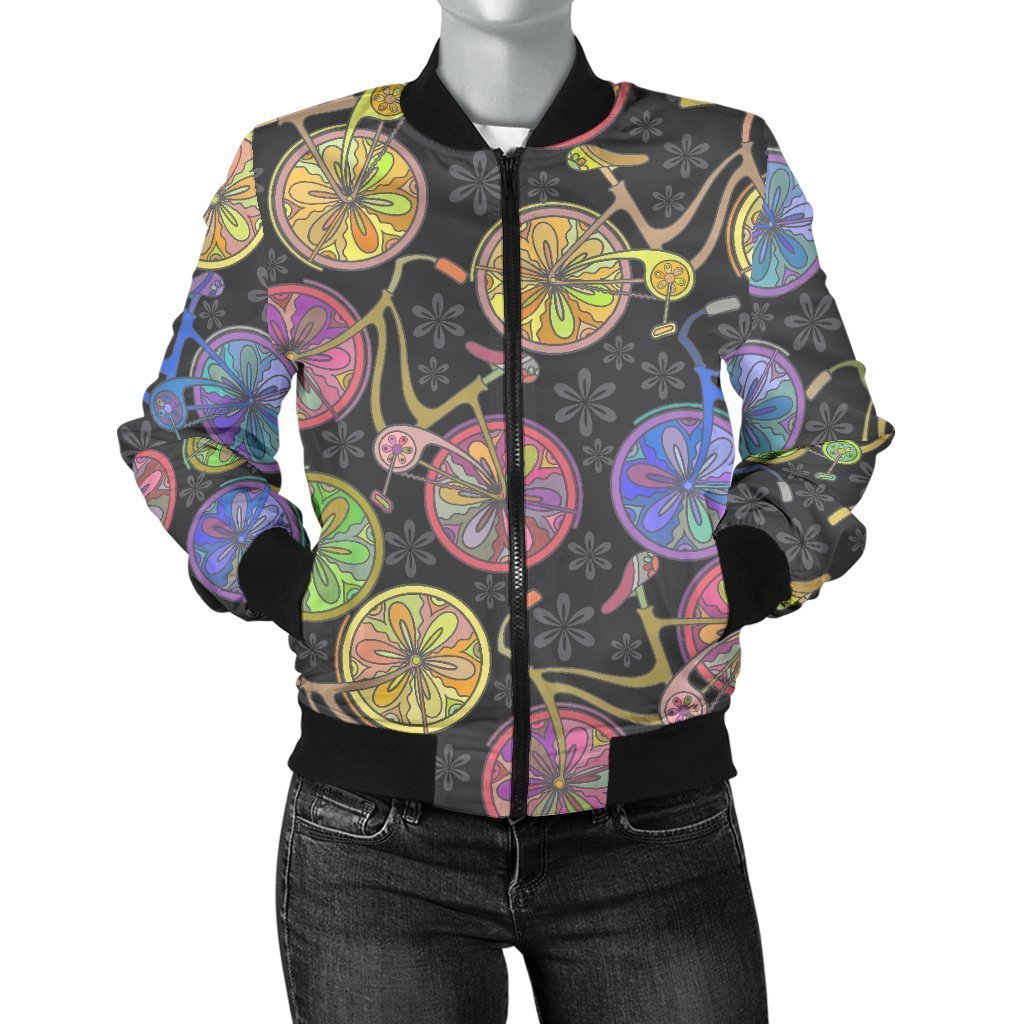 Bicycle Floral Pattern Print Women Casual Bomber Jacket-grizzshop