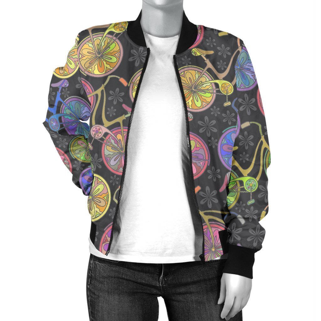 Bicycle Floral Pattern Print Women Casual Bomber Jacket-grizzshop
