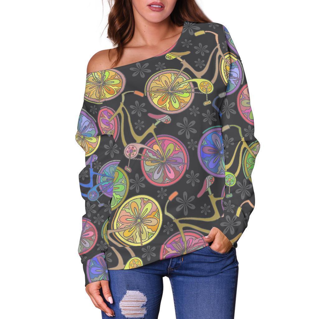 Bicycle Floral Pattern Print Women Off Shoulder Sweatshirt-grizzshop