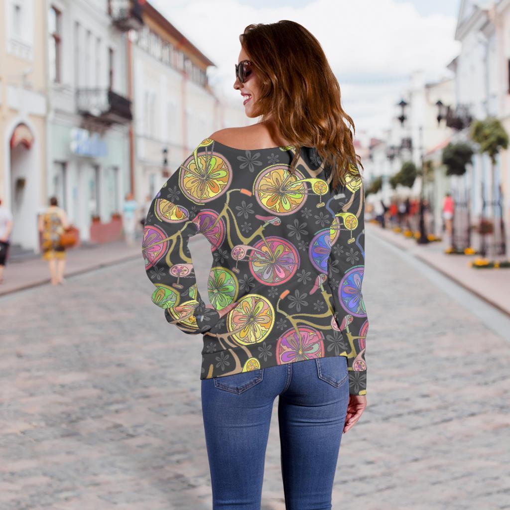 Bicycle Floral Pattern Print Women Off Shoulder Sweatshirt-grizzshop