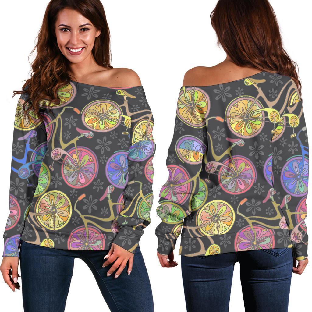 Bicycle Floral Pattern Print Women Off Shoulder Sweatshirt-grizzshop