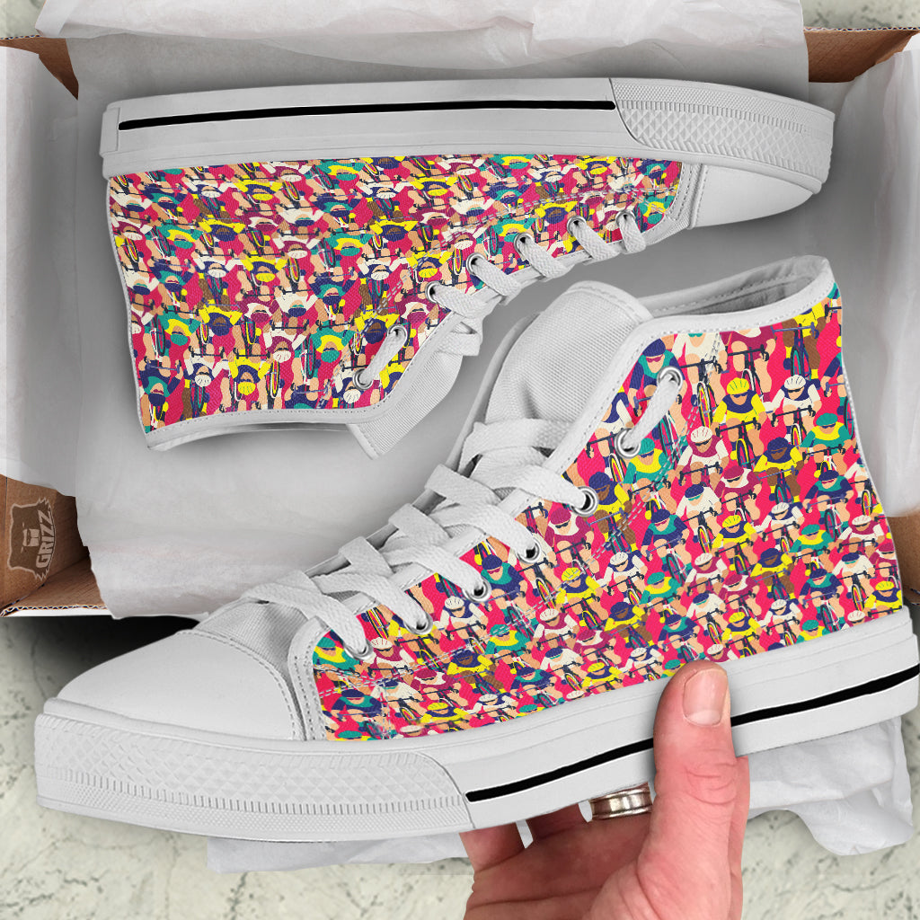 Bicycle Race Colorful Print Pattern White High Top Shoes-grizzshop