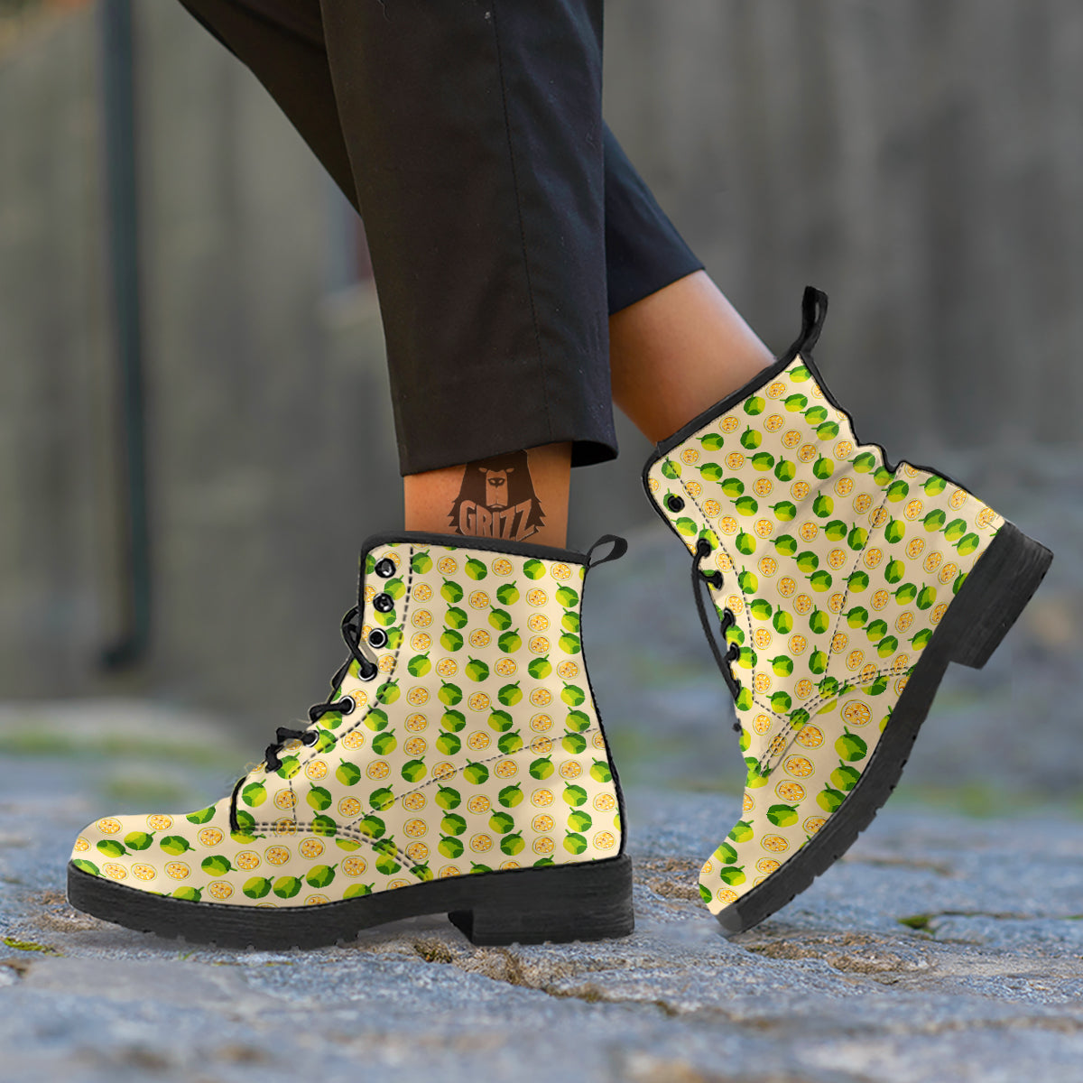 Biege Jackfruit Print Pattern Leather Boots-grizzshop