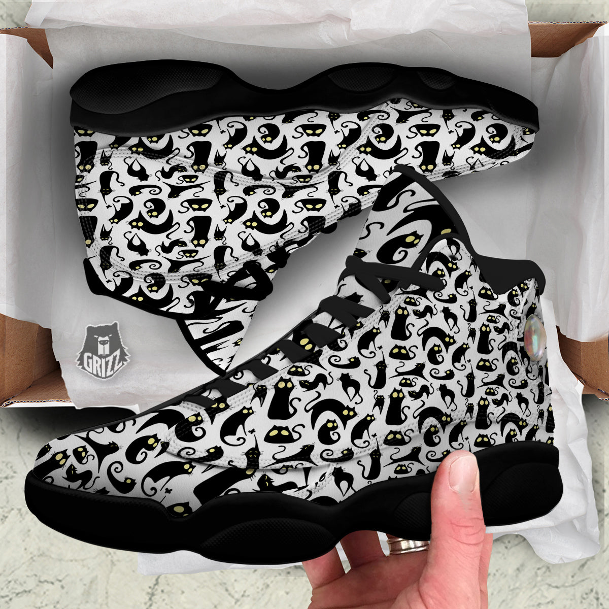 Big Eye Black Cat Halloween Print Pattern Black Basketball Shoes-grizzshop