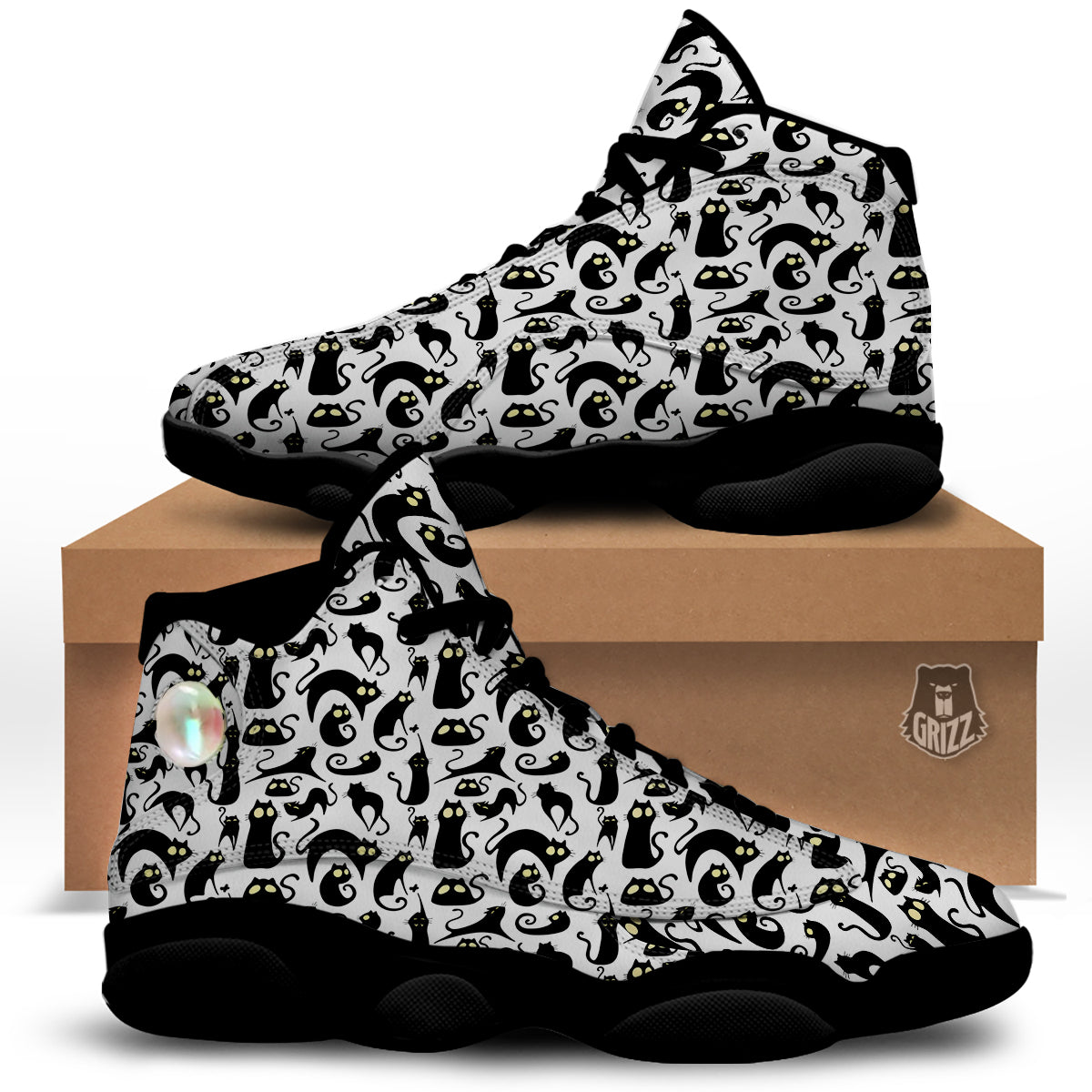 Big Eye Black Cat Halloween Print Pattern Black Basketball Shoes-grizzshop