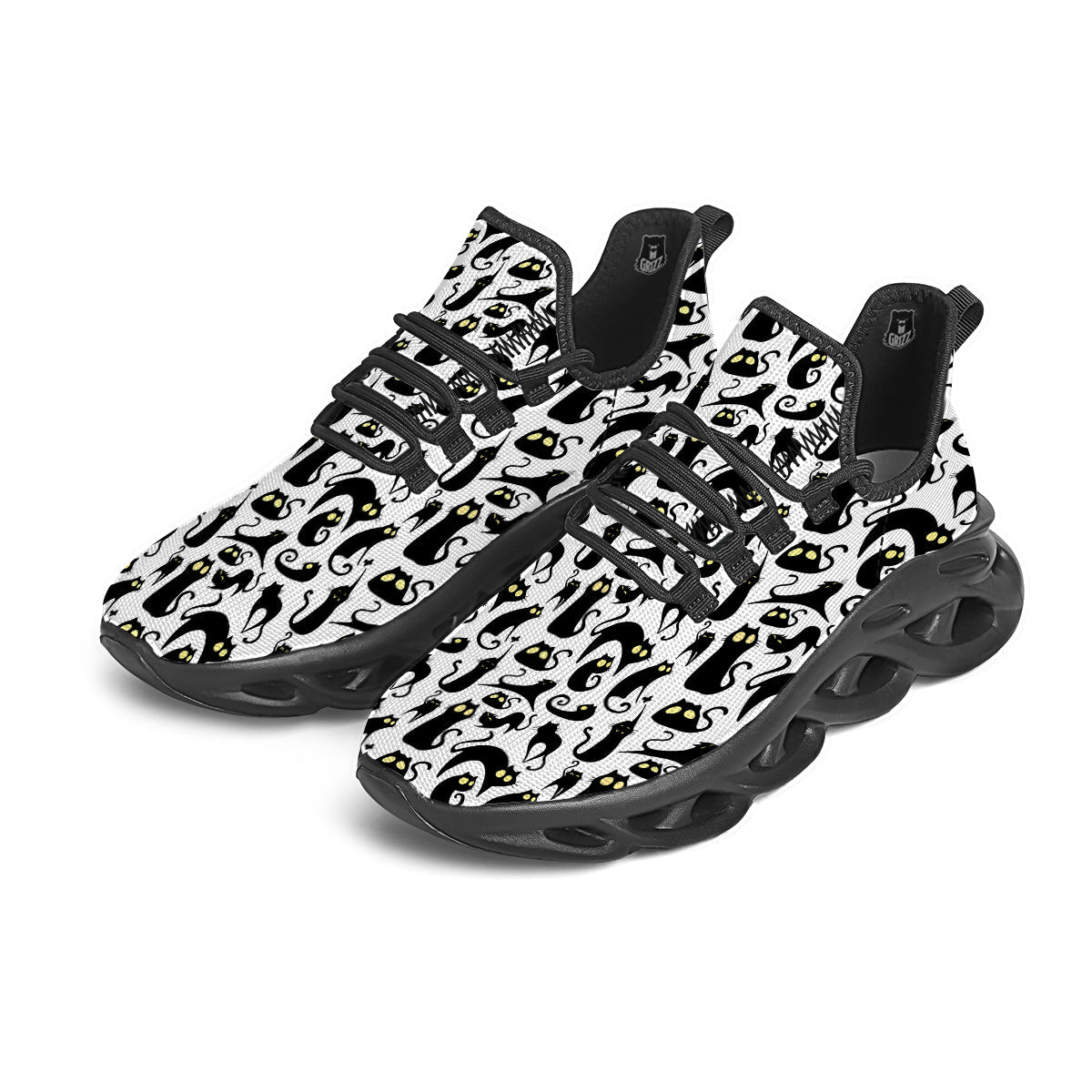Big Eye Black Cat Halloween Print Pattern Black Running Shoes-grizzshop