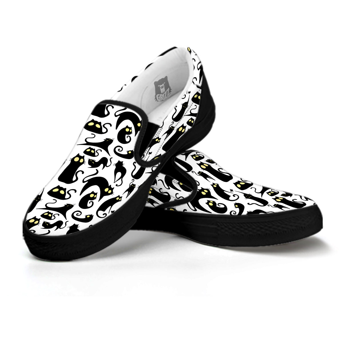 Big Eye Black Cat Halloween Print Pattern Black Slip On Shoes-grizzshop