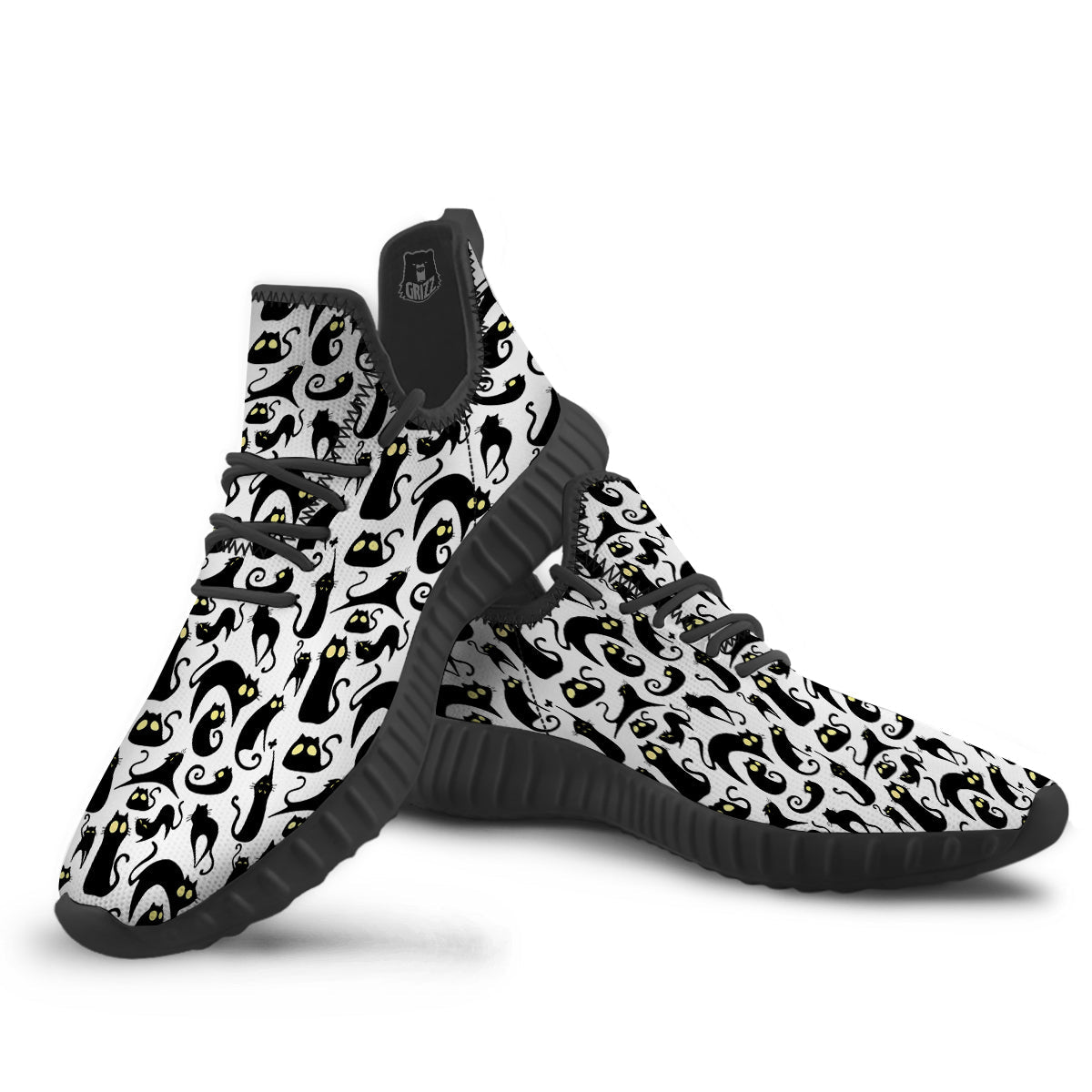 Big Eye Black Cat Halloween Print Pattern Black Walking Shoes-grizzshop