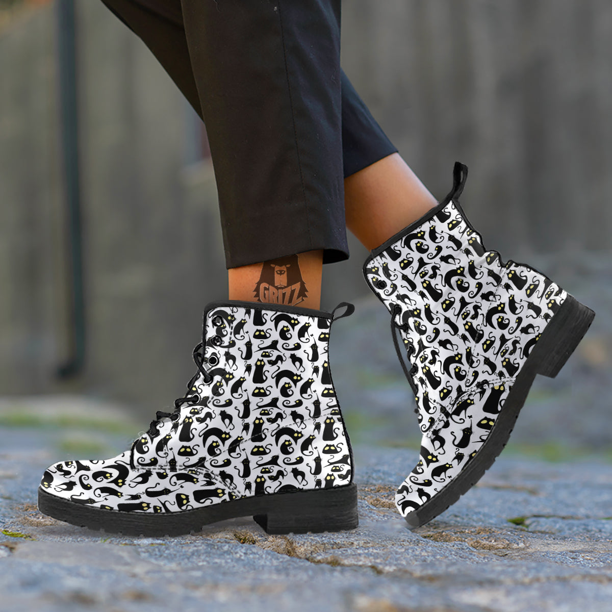 Big Eye Black Cat Halloween Print Pattern Leather Boots-grizzshop