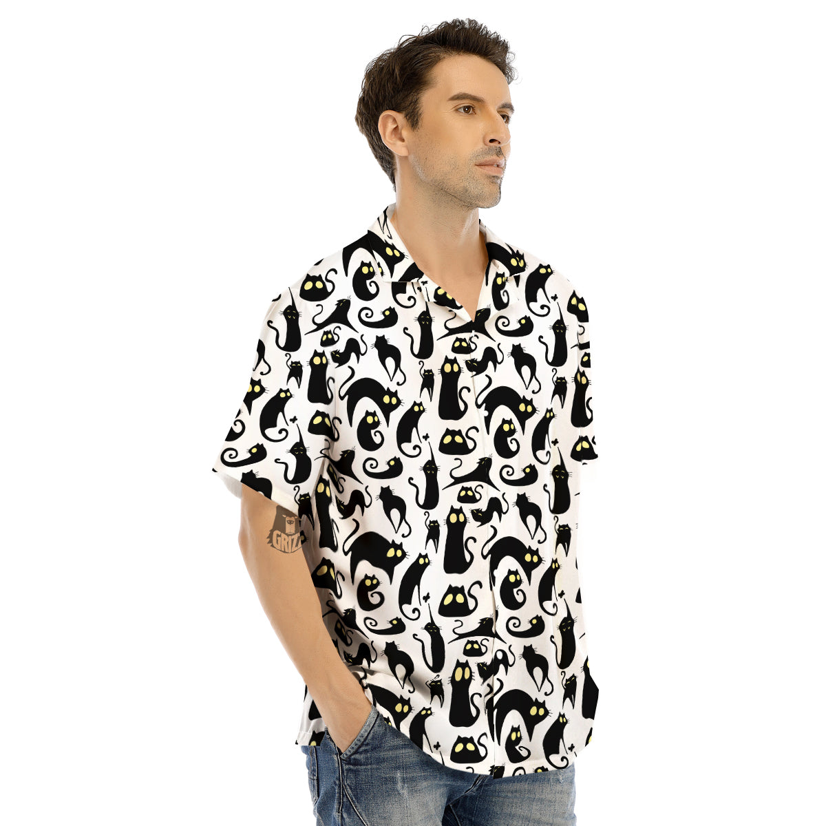 Big Eye Black Cat Halloween Print Pattern Men's Hawaiian Shirt-grizzshop