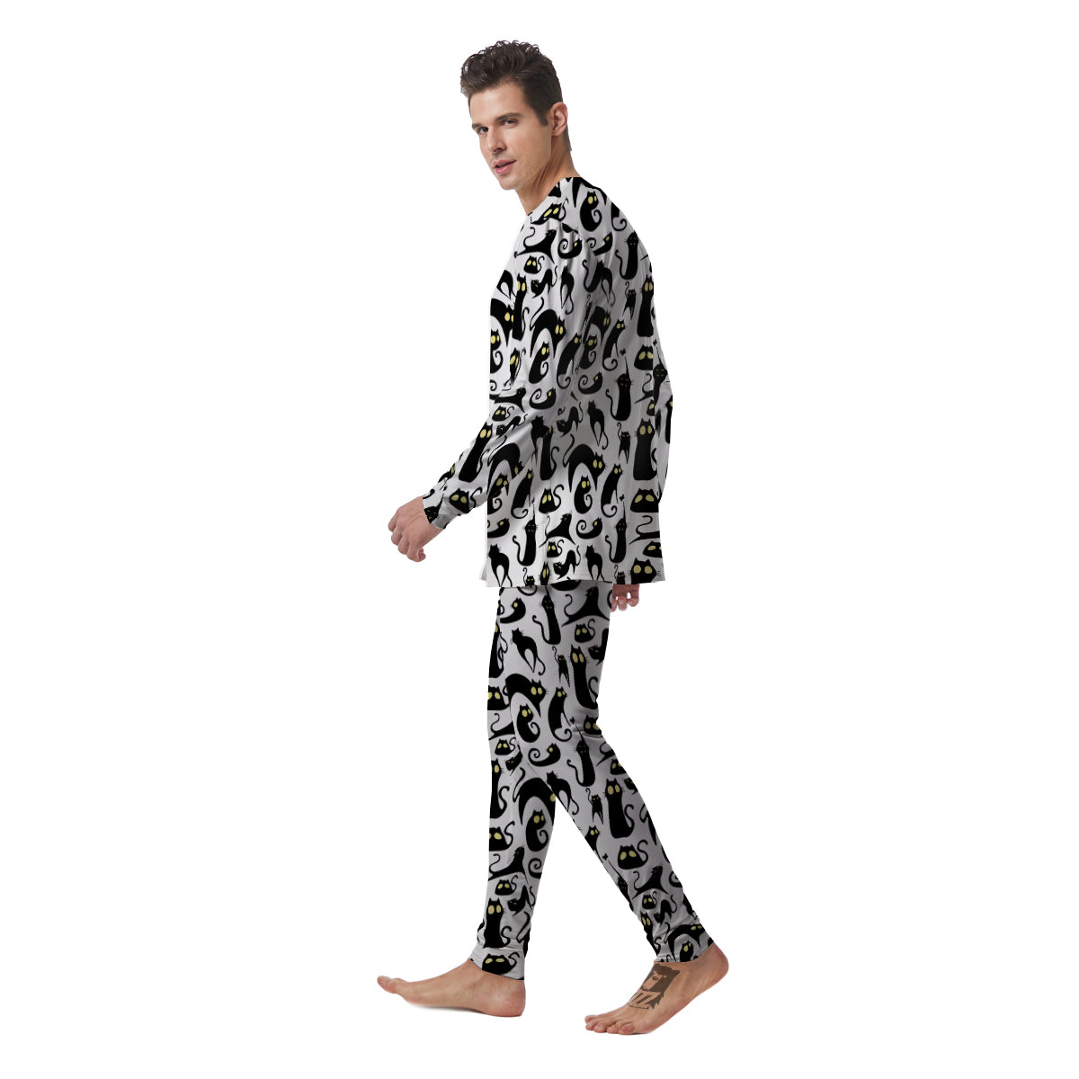 Big Eye Black Cat Halloween Print Pattern Men's Pajamas-grizzshop