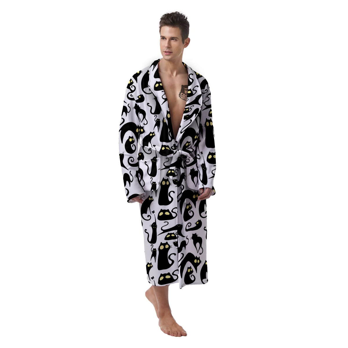 Big Eye Black Cat Halloween Print Pattern Men's Robe-grizzshop