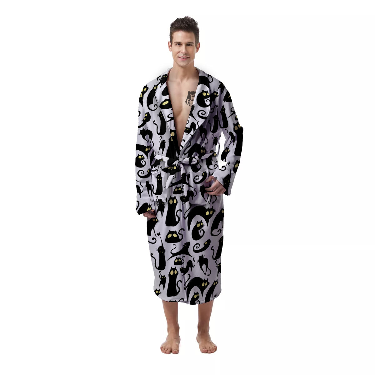 Big Eye Black Cat Halloween Print Pattern Men's Robe-grizzshop