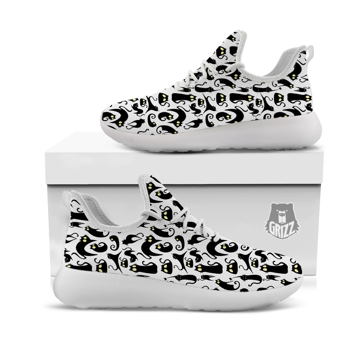 Big Eye Black Cat Halloween Print Pattern White Athletic Shoes-grizzshop