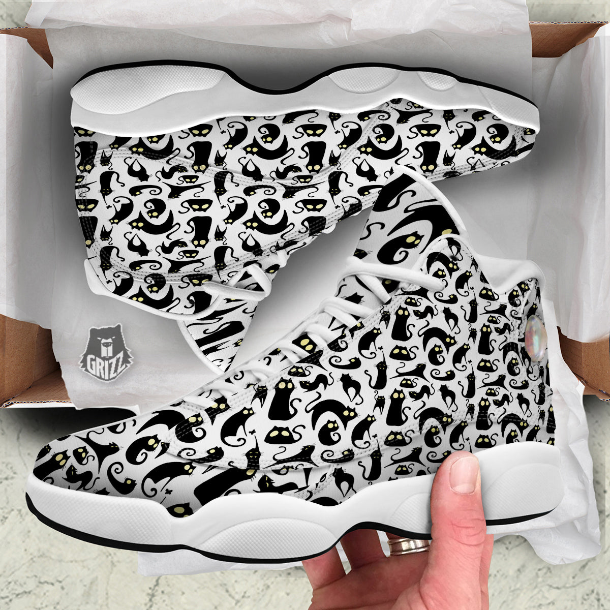 Big Eye Black Cat Halloween Print Pattern White Basketball Shoes-grizzshop