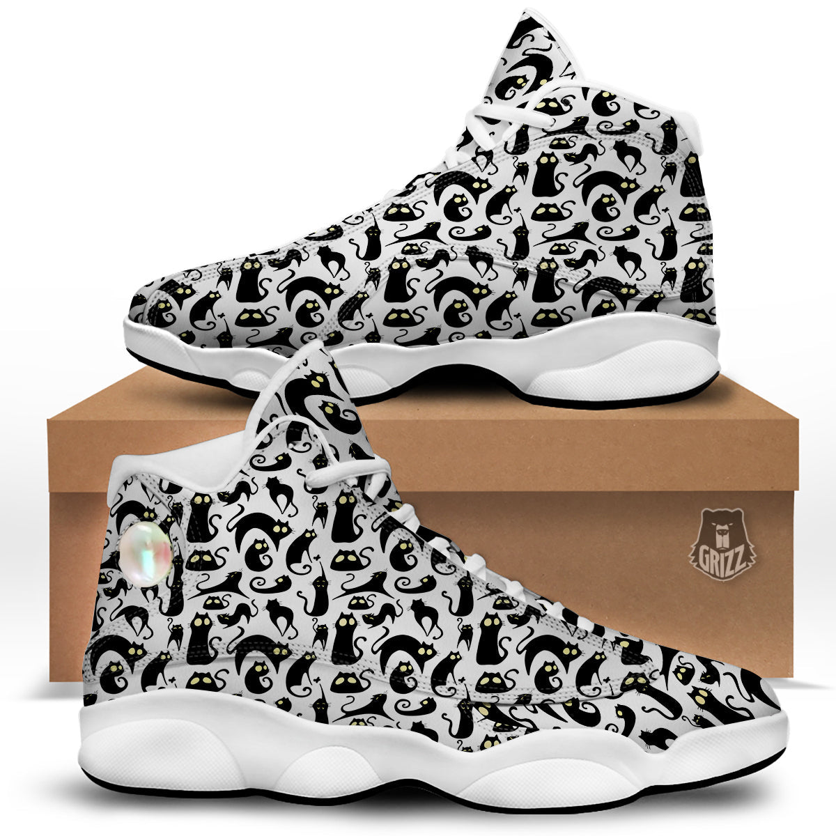 Big Eye Black Cat Halloween Print Pattern White Basketball Shoes-grizzshop