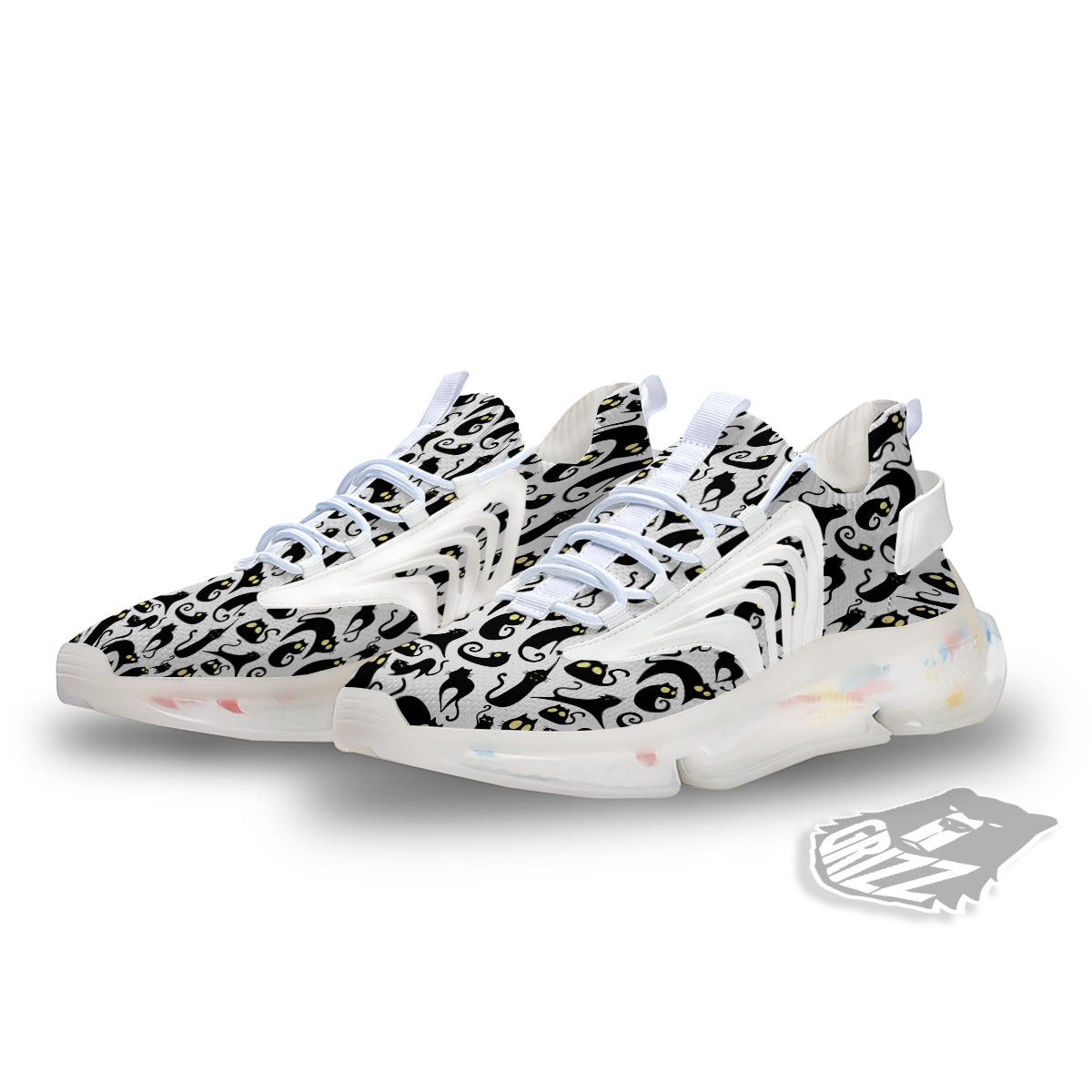 Big Eye Black Cat Halloween Print Pattern White Gym Shoes-grizzshop