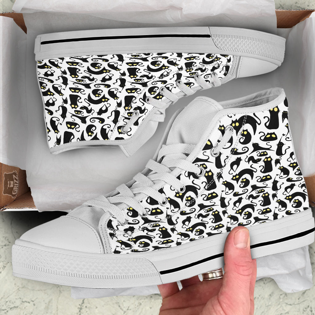 Big Eye Black Cat Halloween Print Pattern White High Top Shoes-grizzshop
