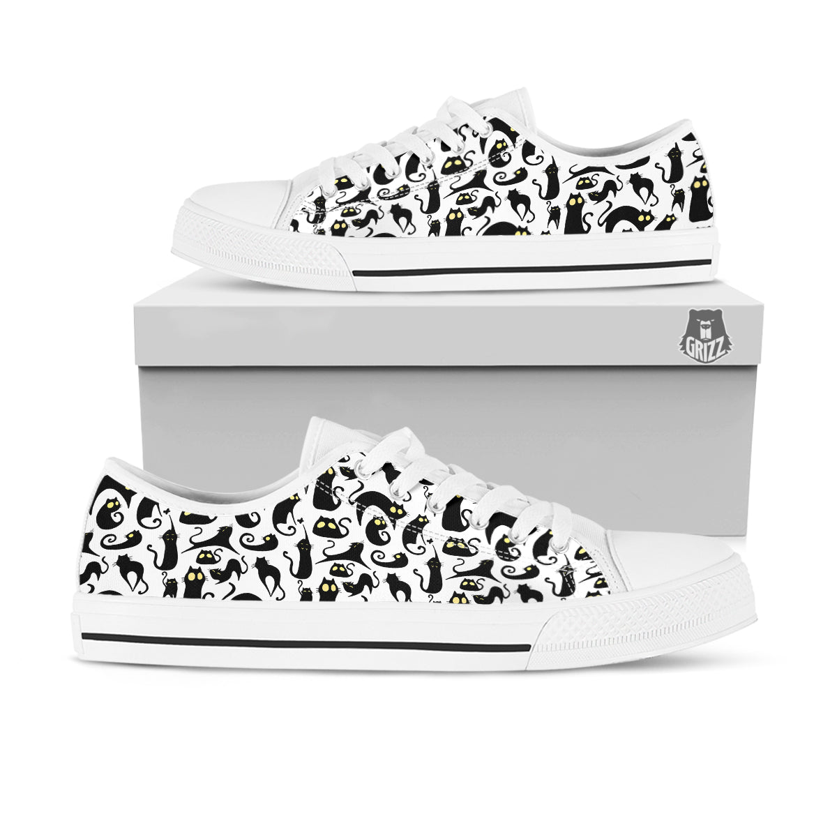 Big Eye Black Cat Halloween Print Pattern White Low Top Shoes-grizzshop