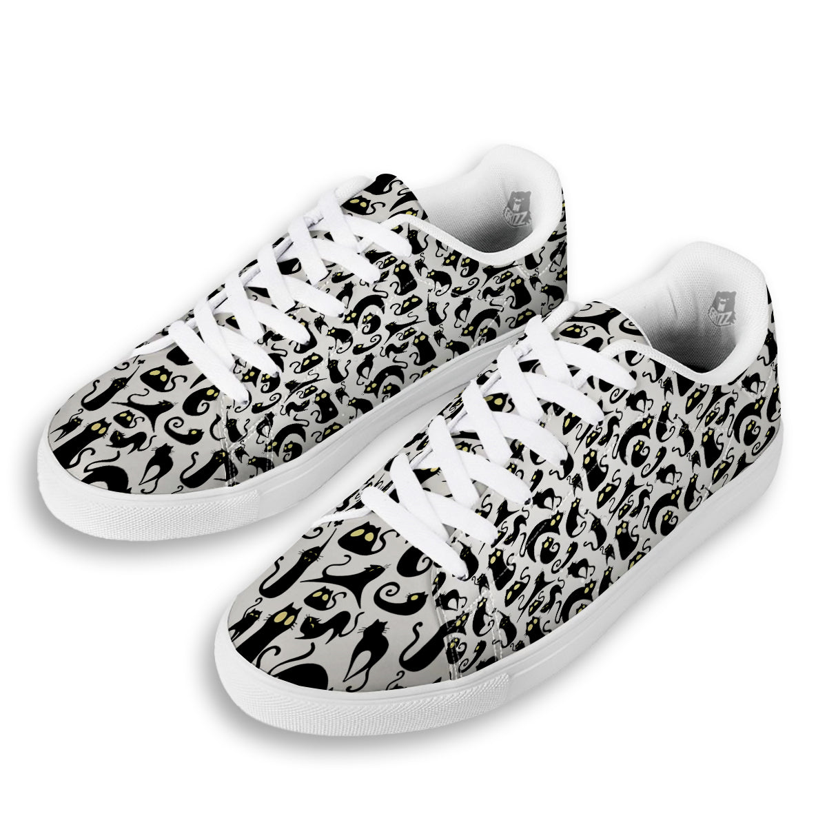 Big Eye Black Cat Halloween Print Pattern White Low Top Sneakers-grizzshop