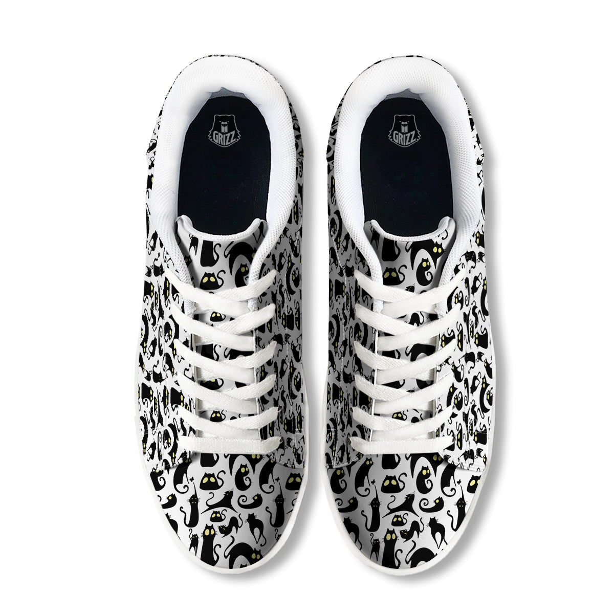 Big Eye Black Cat Halloween Print Pattern White Low Top Sneakers-grizzshop