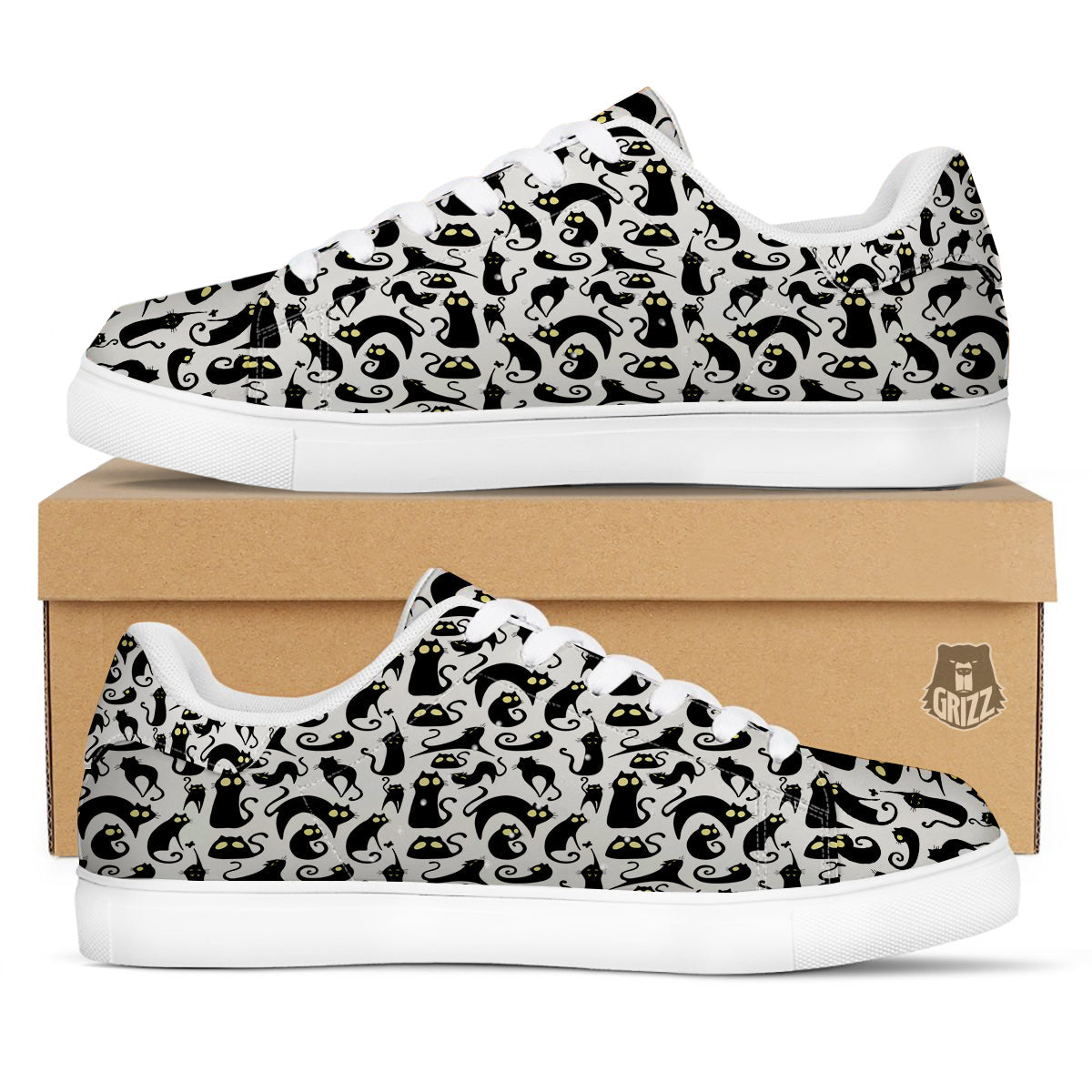 Big Eye Black Cat Halloween Print Pattern White Low Top Sneakers-grizzshop
