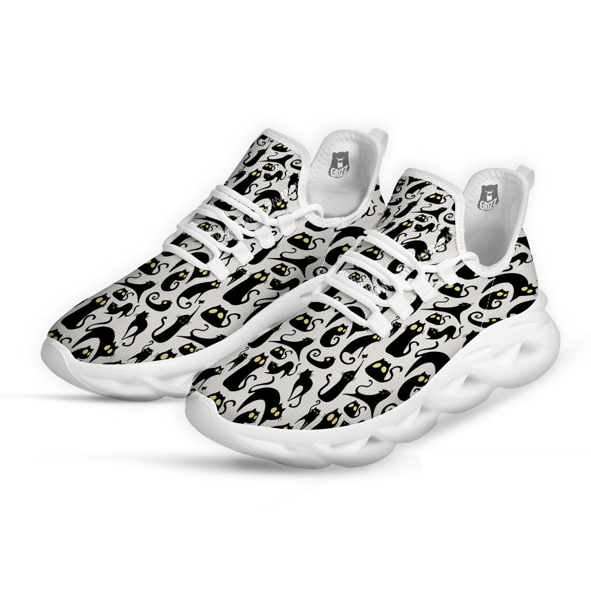 Big Eye Black Cat Halloween Print Pattern White Running Shoes-grizzshop