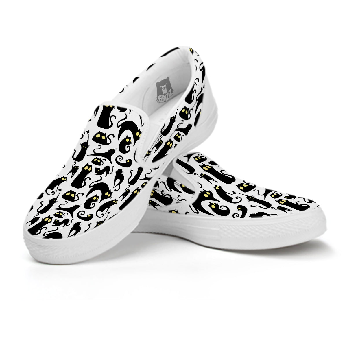 Big Eye Black Cat Halloween Print Pattern White Slip On Shoes-grizzshop
