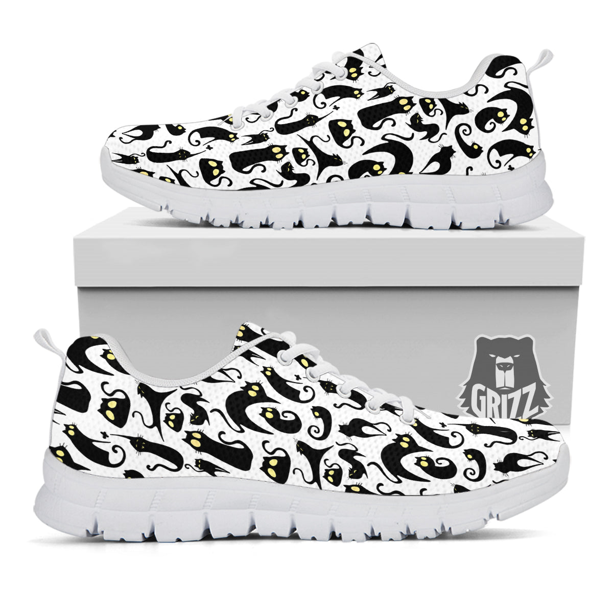Big Eye Black Cat Halloween Print Pattern White Sneaker-grizzshop