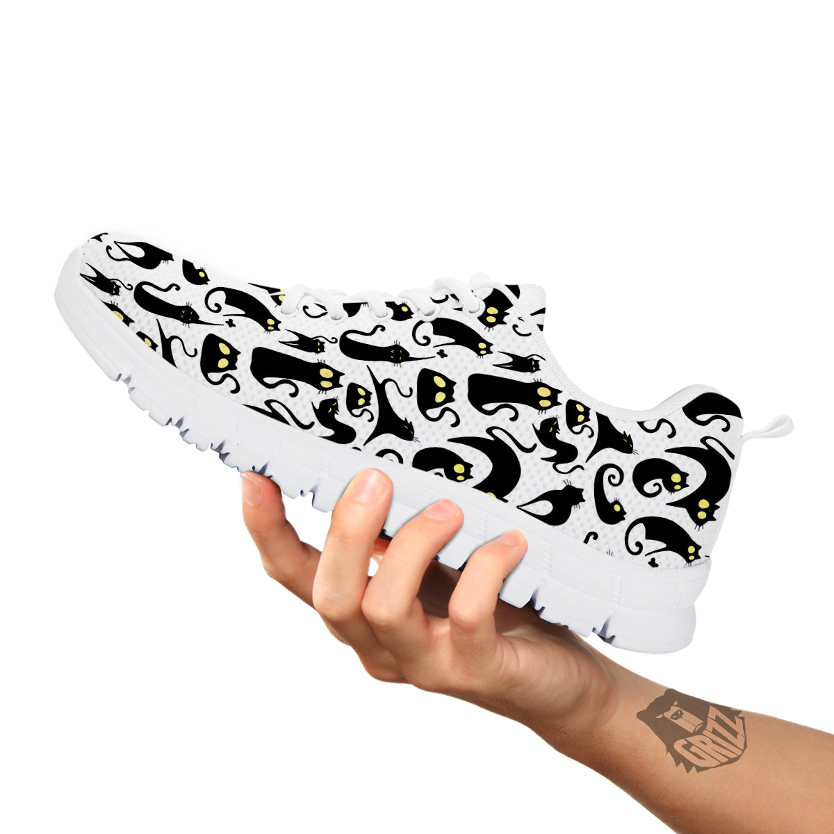 Big Eye Black Cat Halloween Print Pattern White Sneaker-grizzshop