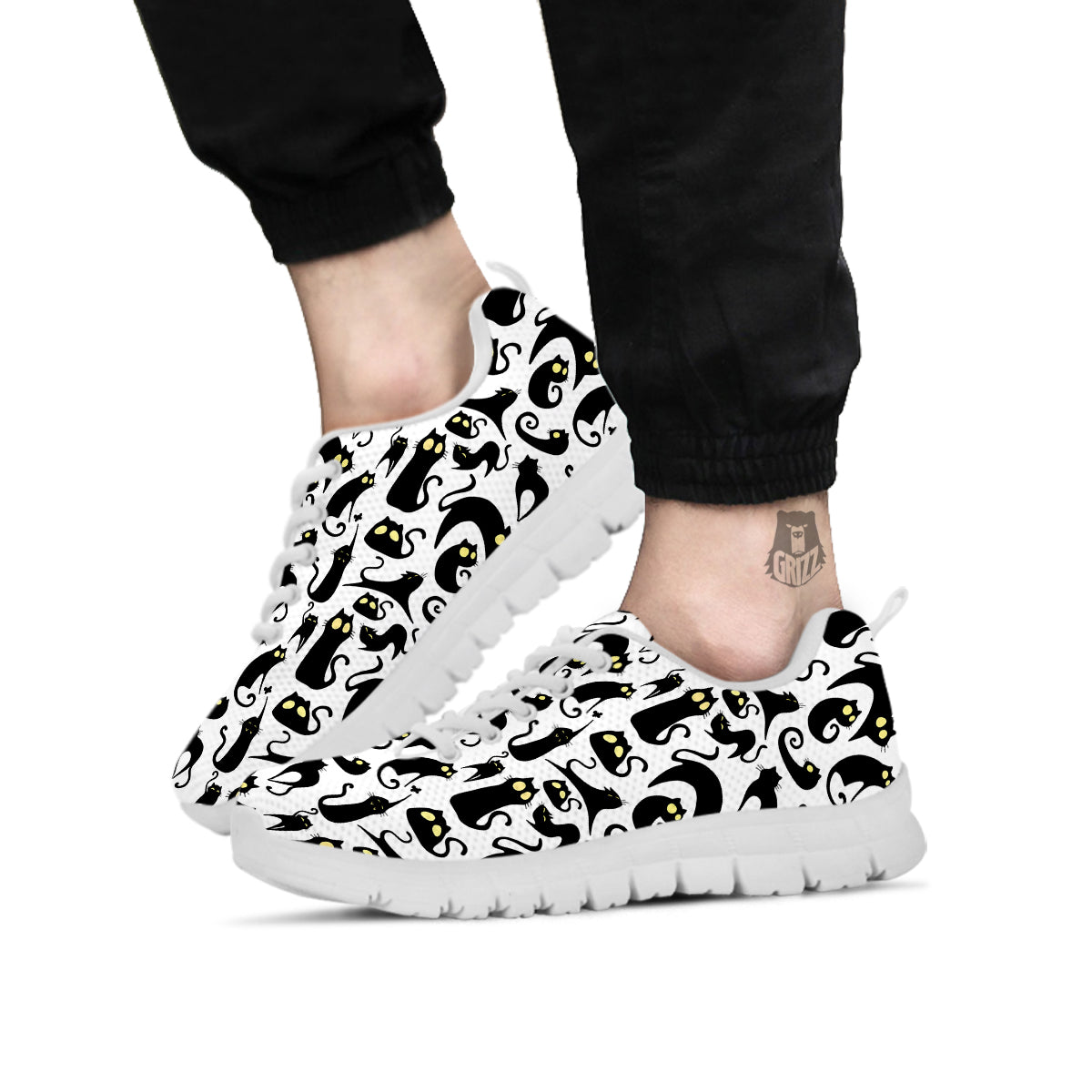 Big Eye Black Cat Halloween Print Pattern White Sneaker-grizzshop