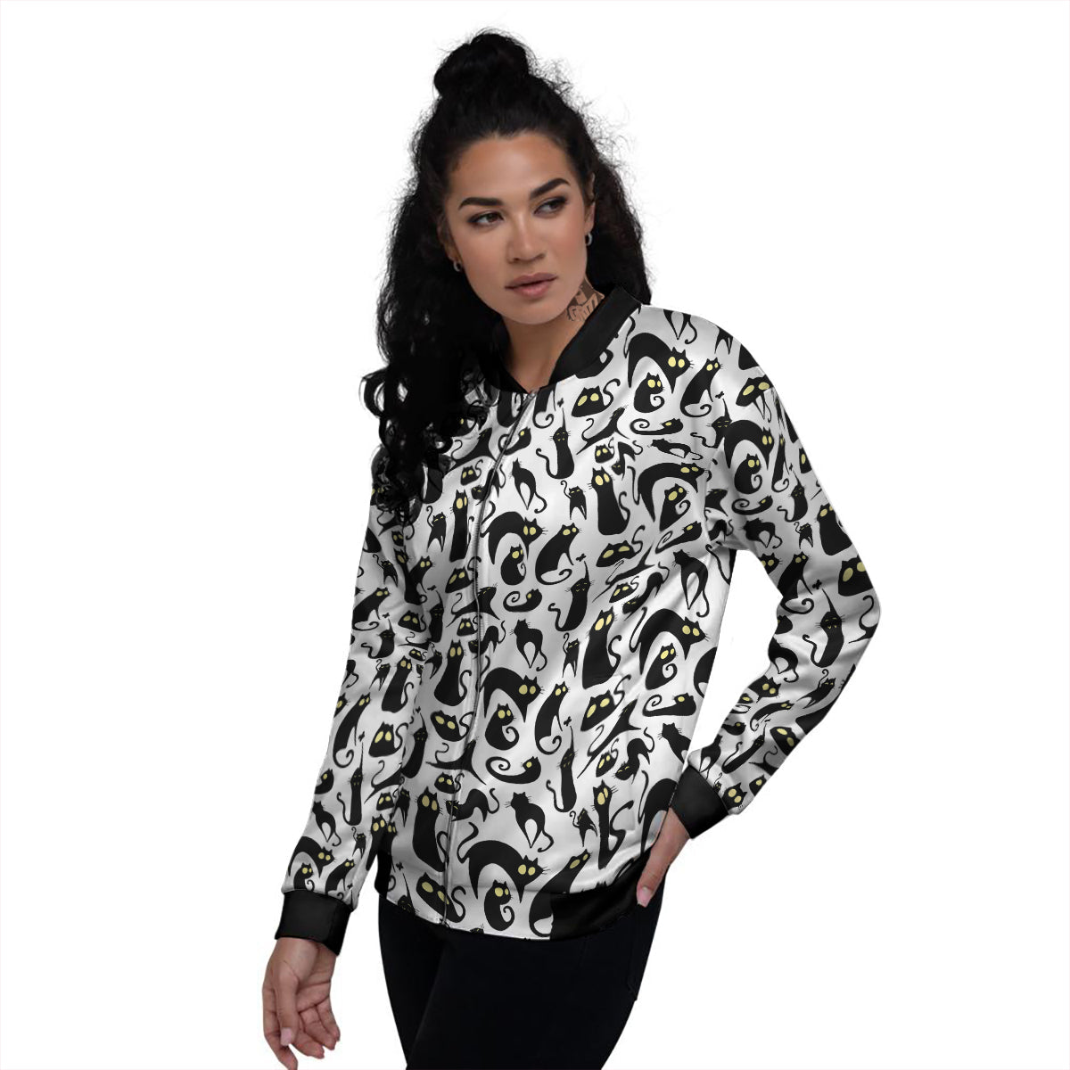 Big Eye Black Cat Halloween Print Pattern Women's Bomber Jacket-grizzshop