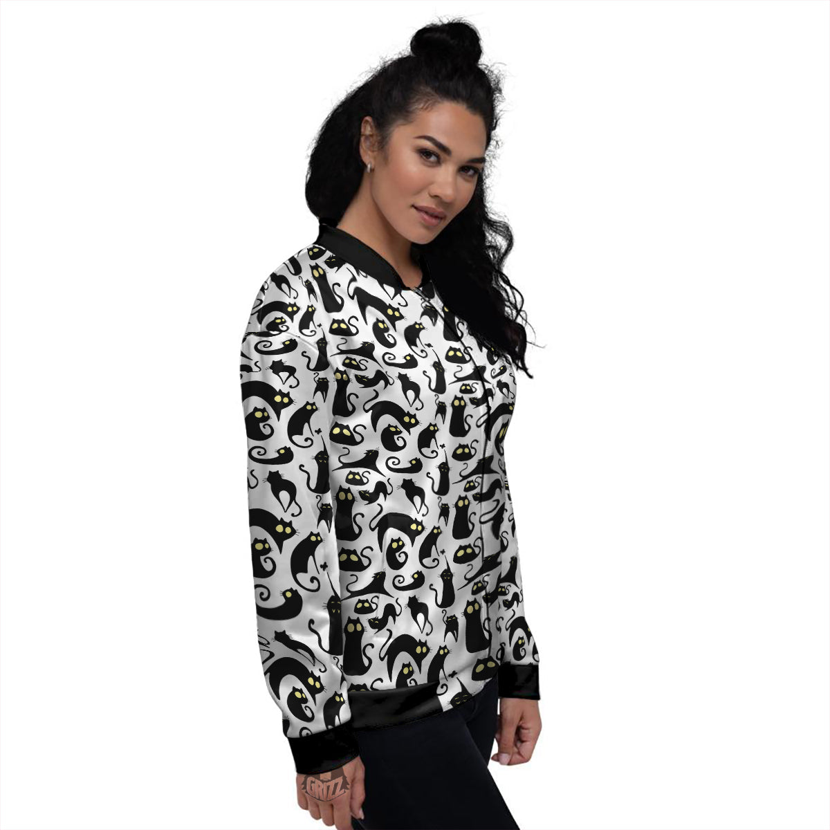 Big Eye Black Cat Halloween Print Pattern Women's Bomber Jacket-grizzshop
