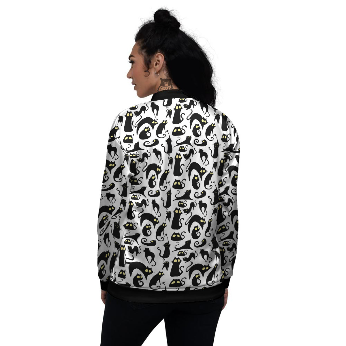 Big Eye Black Cat Halloween Print Pattern Women's Bomber Jacket-grizzshop