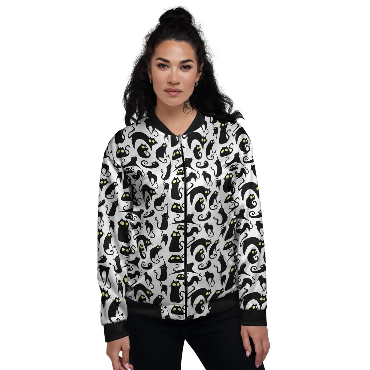 Big Eye Black Cat Halloween Print Pattern Women's Bomber Jacket-grizzshop