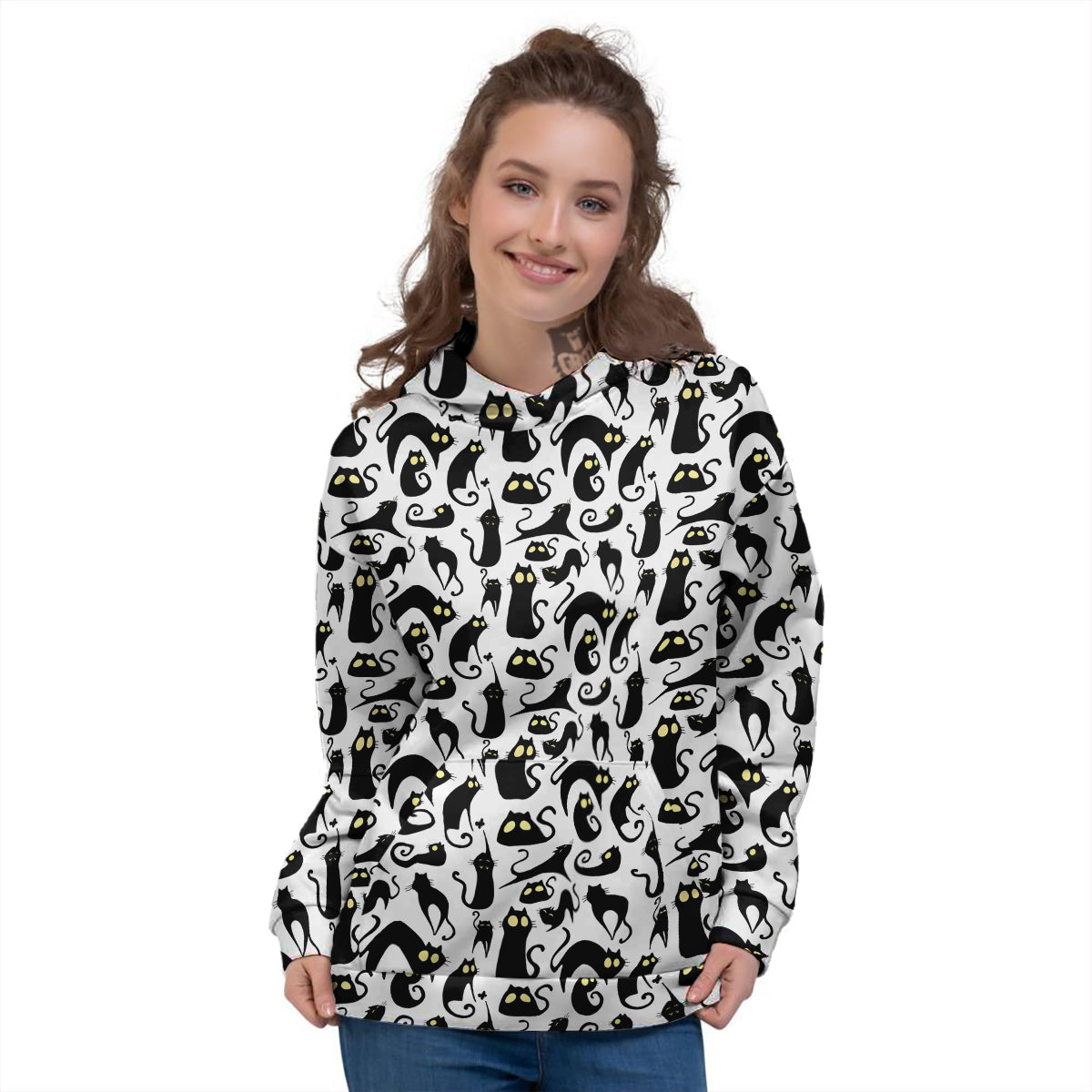 Big Eye Black Cat Halloween Print Pattern Women's Hoodie-grizzshop