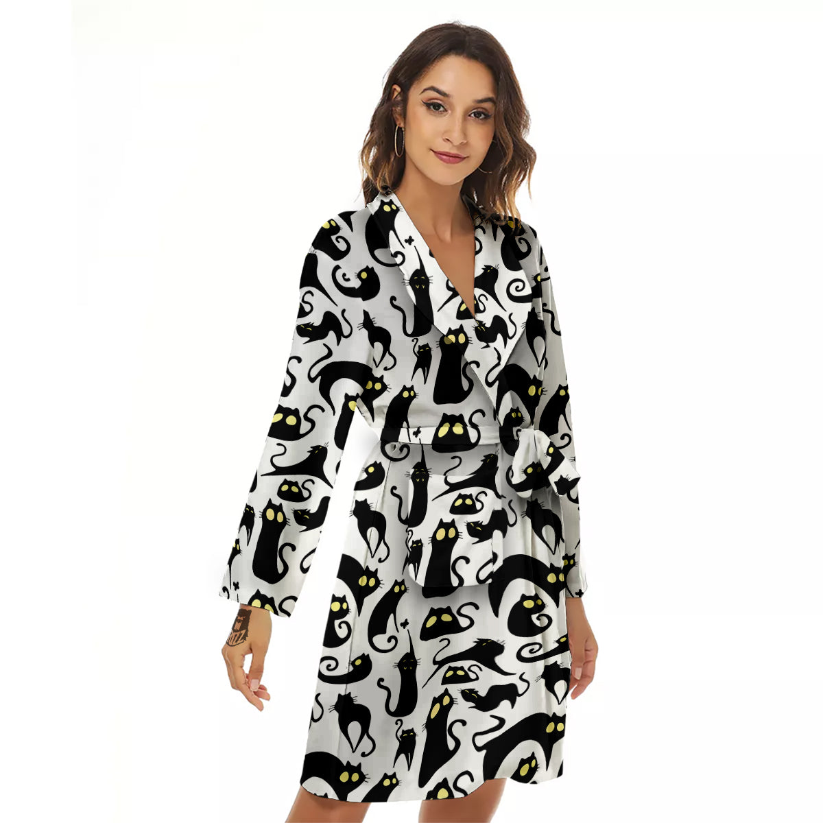 Big Eye Black Cat Halloween Print Pattern Women's Robe-grizzshop