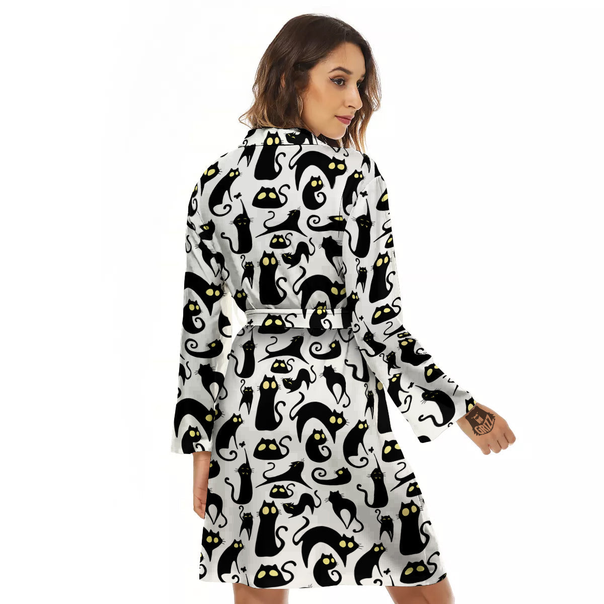 Big Eye Black Cat Halloween Print Pattern Women's Robe-grizzshop