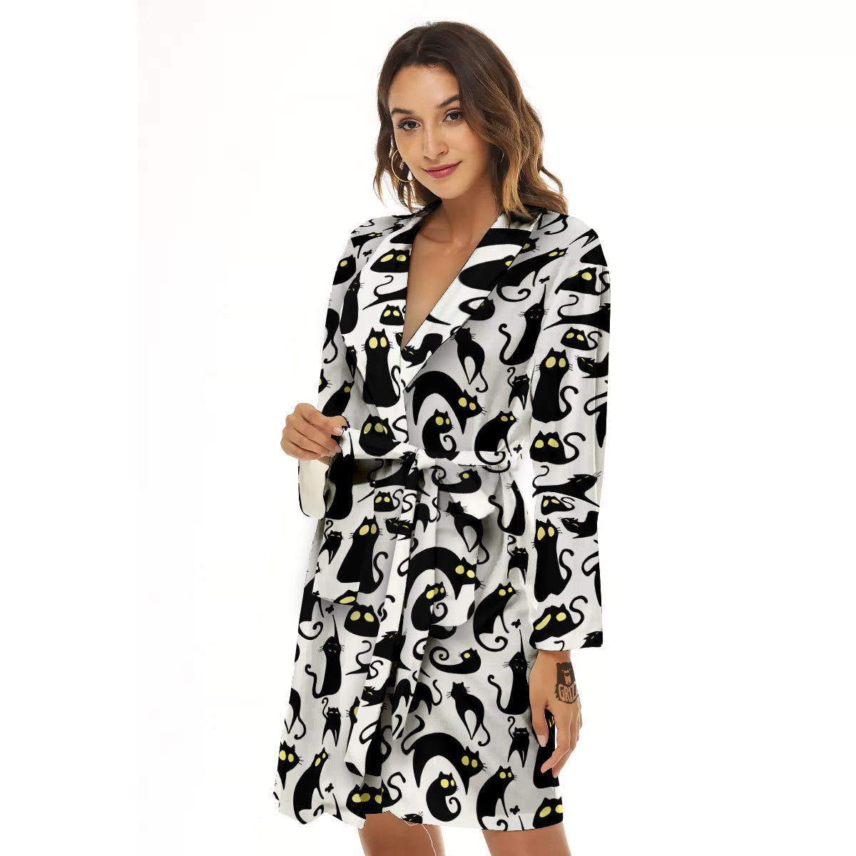 Big Eye Black Cat Halloween Print Pattern Women's Robe-grizzshop
