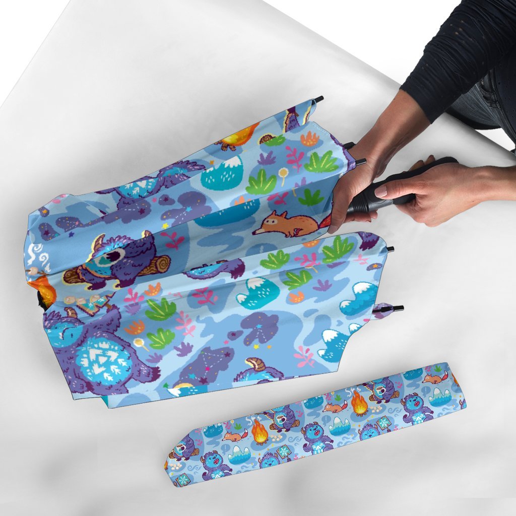 Bigfoot Blue Pattern Print Automatic Foldable Umbrella-grizzshop